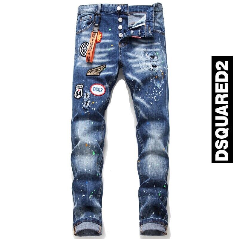 Dsq2 Jeans strappati da uomo Patch Jeans lavati DSQUARED2 ricamo  personalità | eBay